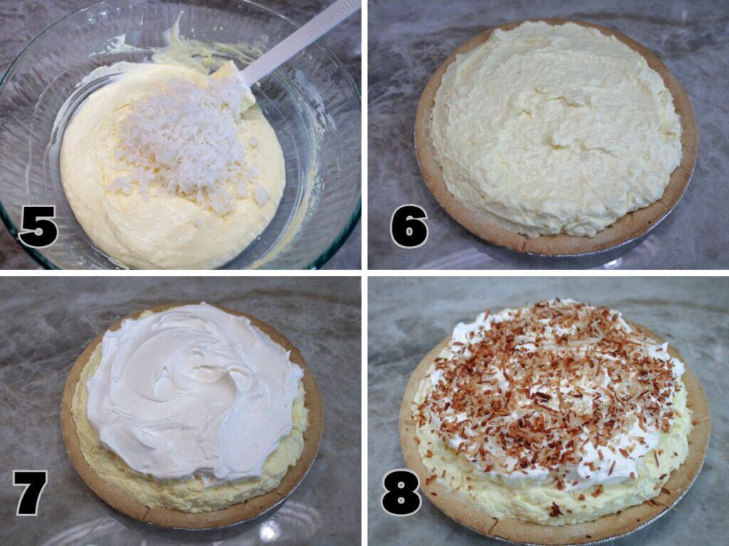 Step 5
Sweetened coconut flakes added to creamy coconut pudding mixture.

Step 6
Coconut cream filling spread into baked pie crust.

Step 7
Whipped topping spread evenly over coconut cream pie filling.

Step 8
Toasted coconut sprinkled on top of whipped topping to finish coconut cream pie.