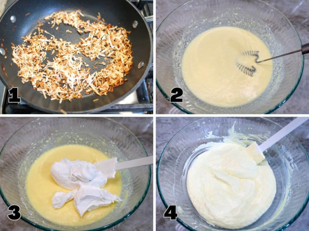 Step 1
Sweetened coconut flakes toasting in a skillet until golden brown.

Step 2
Instant coconut cream pudding mix whisked with milk in a glass mixing bowl.

Step 3
Cool Whip added to coconut pudding mixture in mixing bowl.

Step 4
Coconut pudding mixture folded together until smooth and creamy.