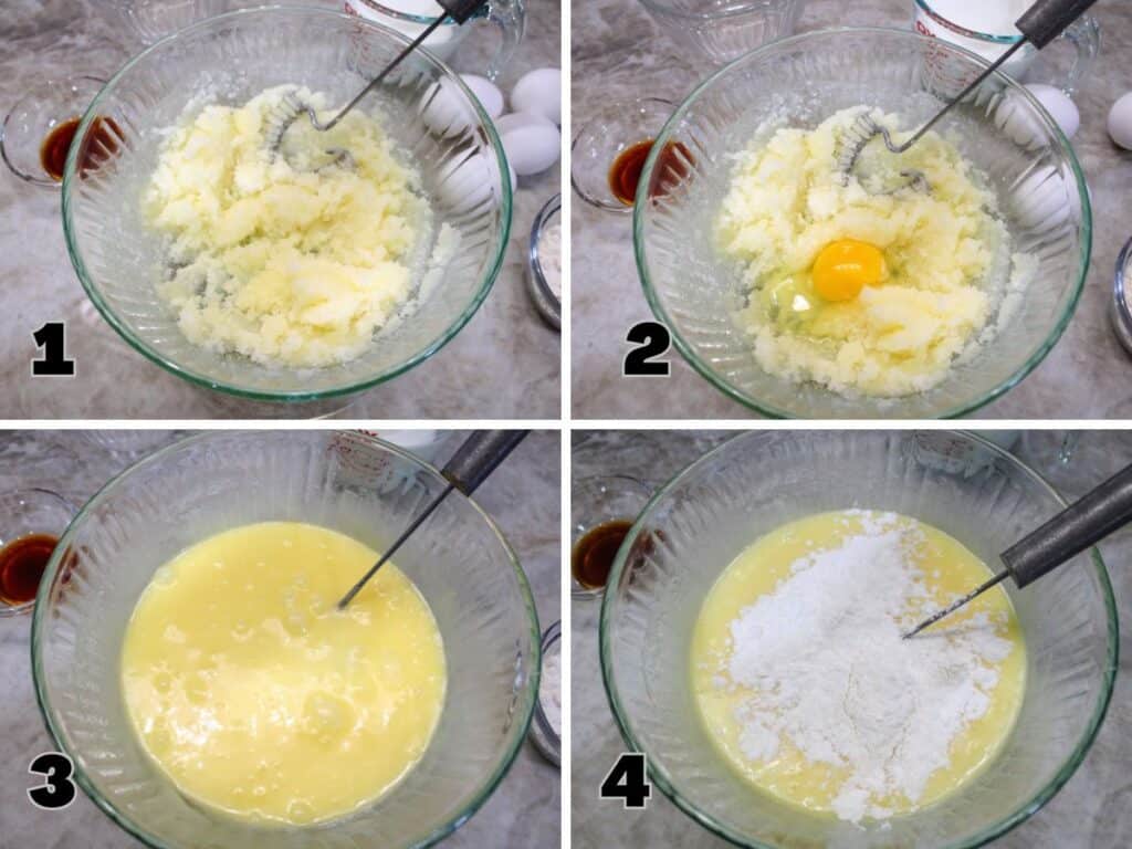 Steps 1–4:Steps for making Southern Buttermilk Pie showing butter, sugar, eggs and flour