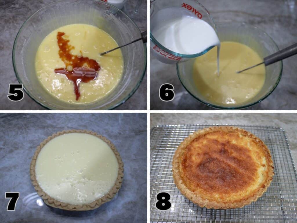 Steps 5–8:Southern Buttermilk Pie preparation from adding vanilla and buttermilk to the baked pie