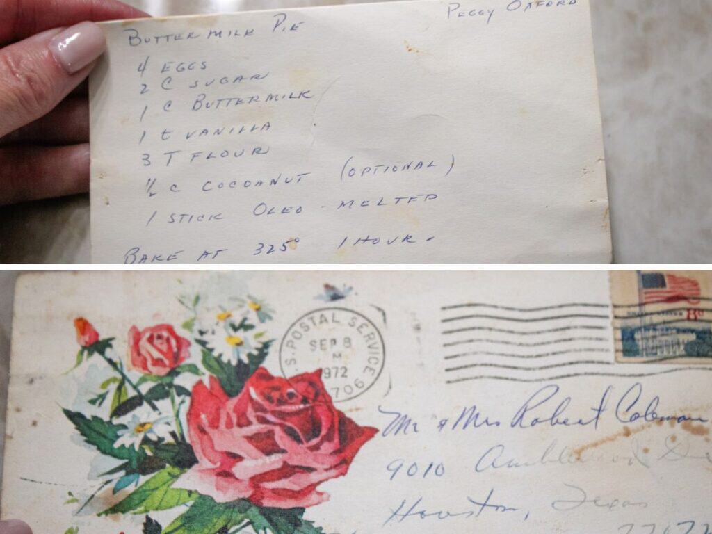 1972 handwritten recipe postcard: Handwritten family Buttermilk Pie recipe mailed on a postcard in 1972